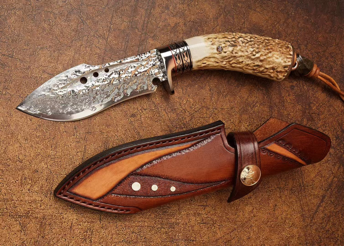 Handcrafted Hunting Knife – VG10 Damascus 67-Layer Steel, Deer Antler Handle, Artisan Leather Sheath - AK-HT1034