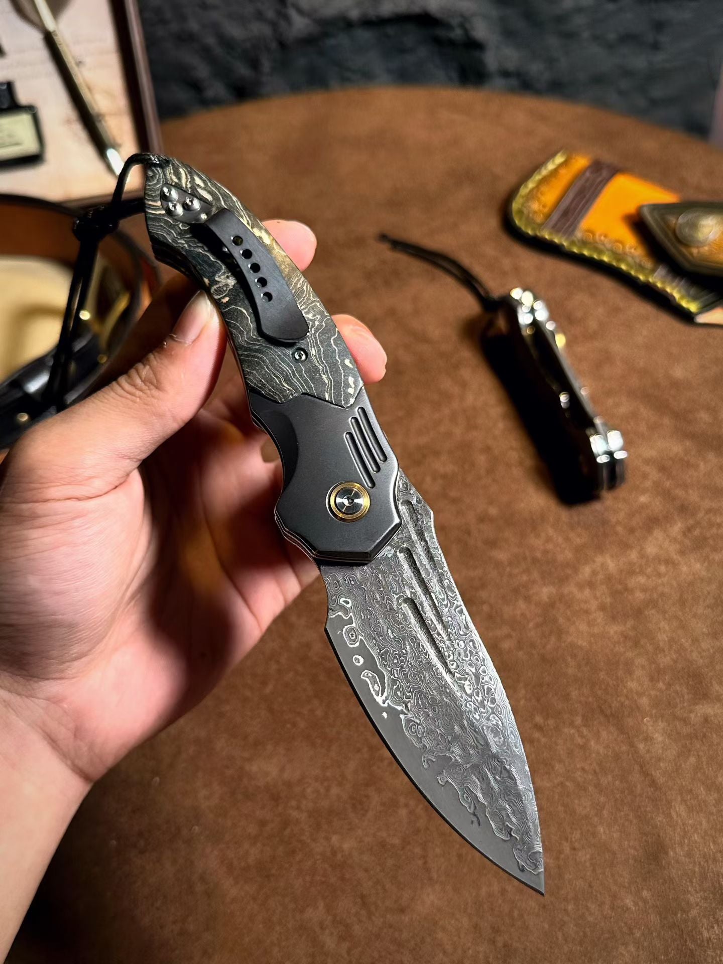 Smooth Fast-Opening Damascus Folding Knife with Stabilized Wood Handle -AK-HT1057