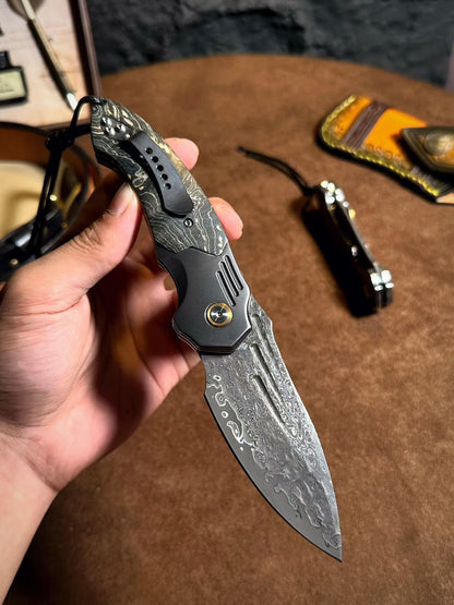 Smooth Fast-Opening Damascus Folding Knife with Stabilized Wood Handle -AK-HT1057