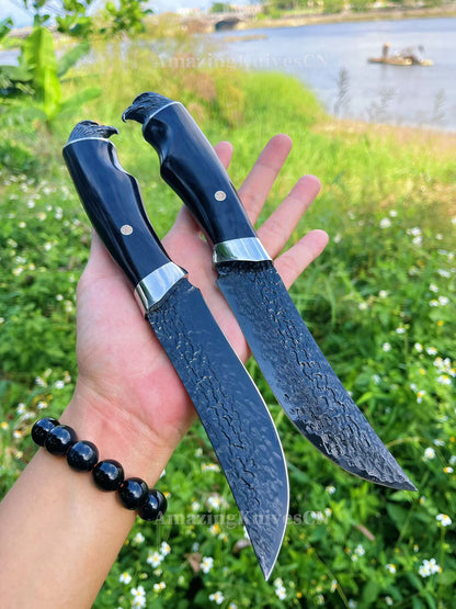 67-Layer Damascus Survival Knife with Ebony Handle and Eagle-Head Pommel - AK-HT1016