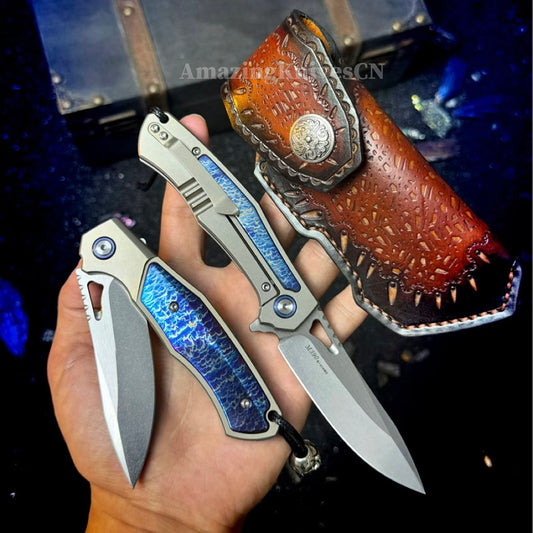 Premium M390 Folding Knife – TC4 Titanium Handle, Brushed & Stonewashed Blade, Ball Bearing System - AK-HT1038