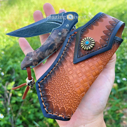 Handcrafted VG10 Damascus Folding Knife with Stabilized Wood Handle – Ball Bearing Quick Open - AK-HT1018