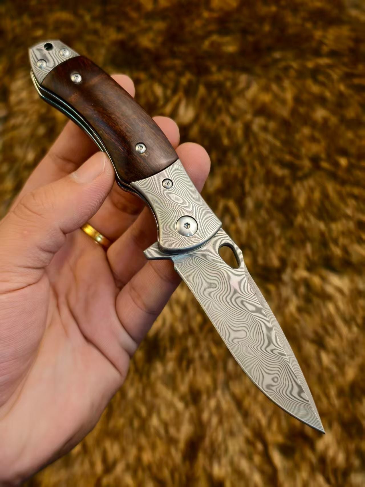 Handcrafted Damascus Folding Knife Desert Ironwood Handle - AK-HT1055