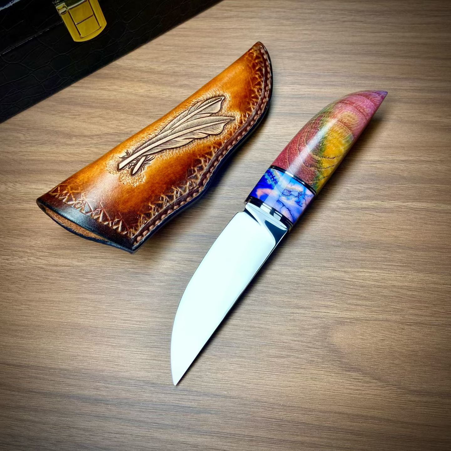 Limited M390 Mirror Polish Fixed Blade – Mammoth Molar & Stabilized Wood Handle - AK-HT1039