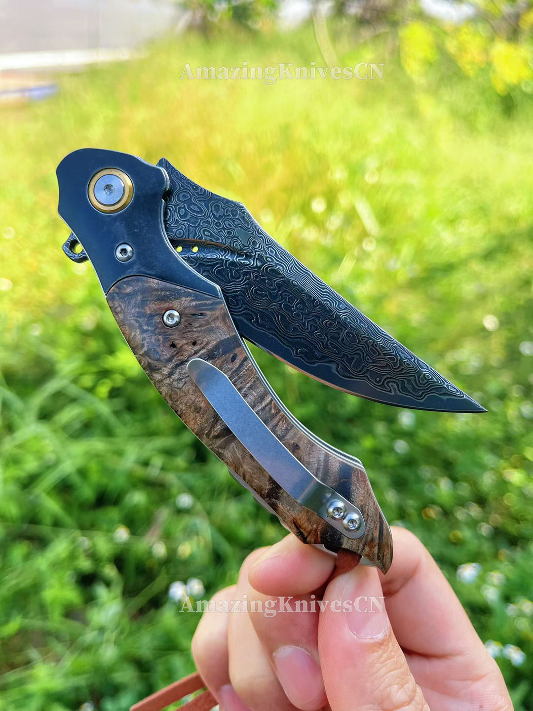Handcrafted VG10 Damascus Folding Knife with Stabilized Wood Handle – Ball Bearing Quick Open - AK-HT1018