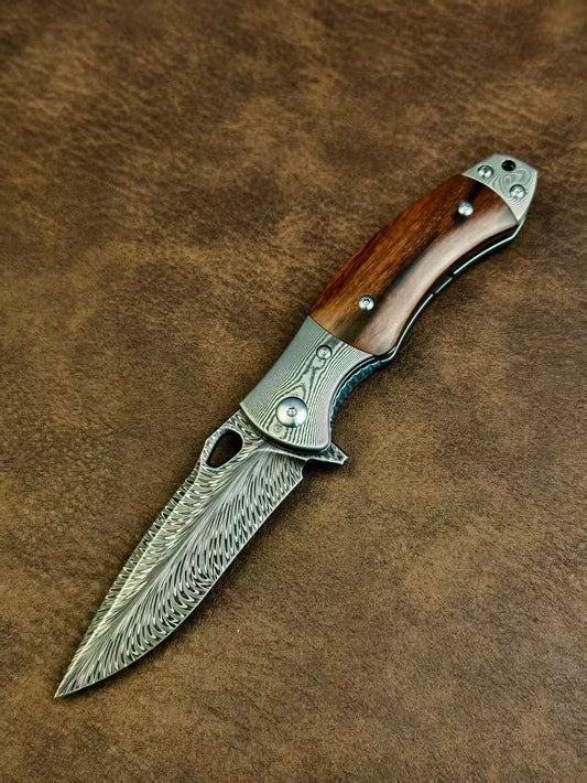 Handcrafted Feather Damascus Knife Desert Ironwood Bone Handle - AK-HT1061