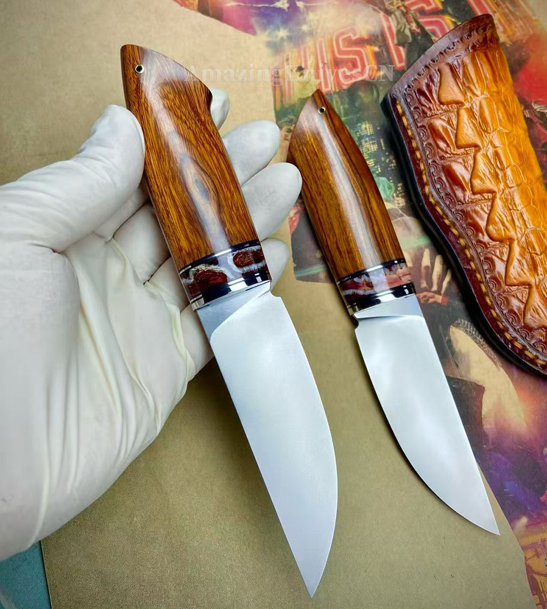 Premium M390 Blade Fixed Blade Knife Mammoth Molar Fossil Desert Irondwood Handle - AK-HT1030