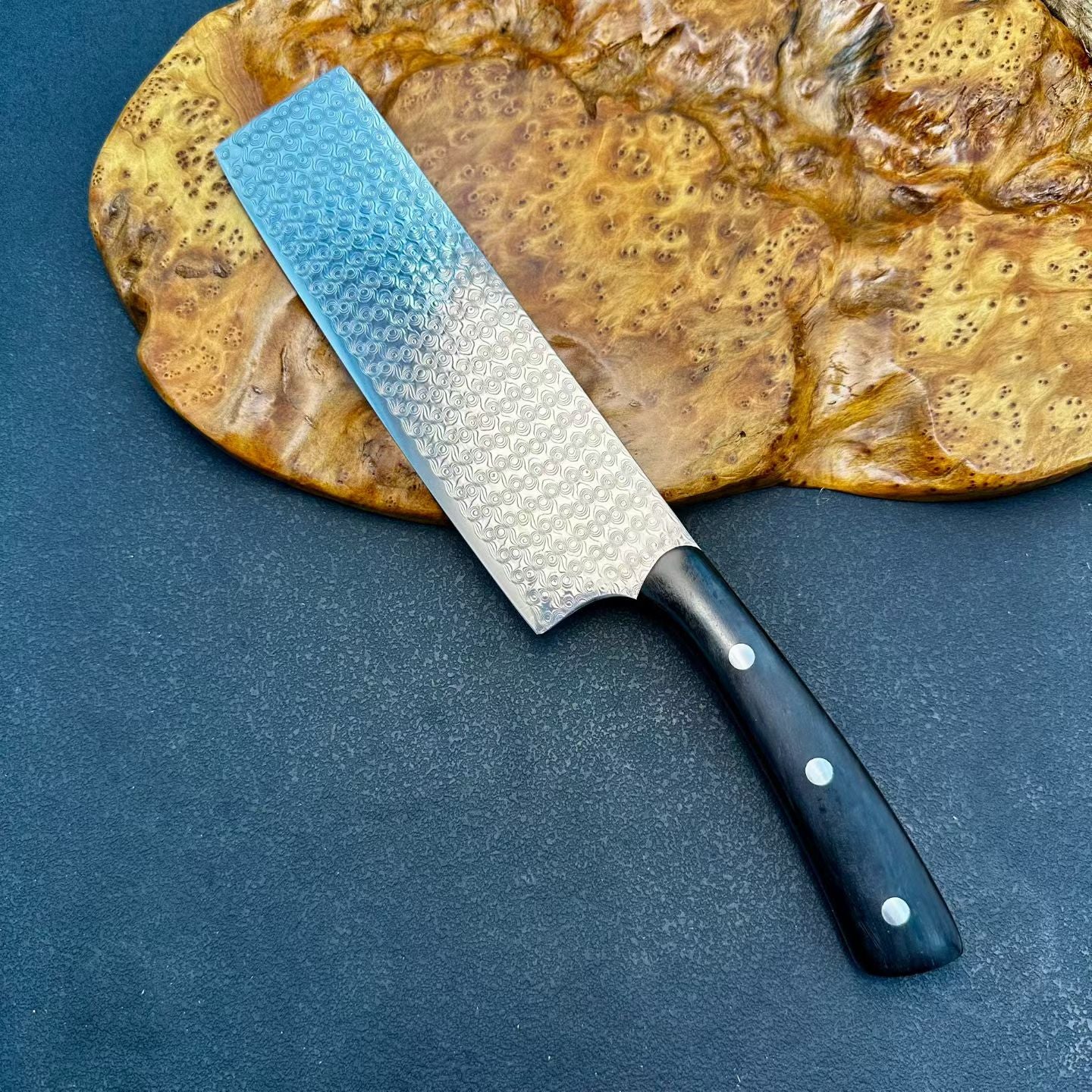 3-Piece Damascus Kitchen Knife Set – Chef Knife, Nakiri & Cleaver, Ebony Wood Handles - AK-DS1045