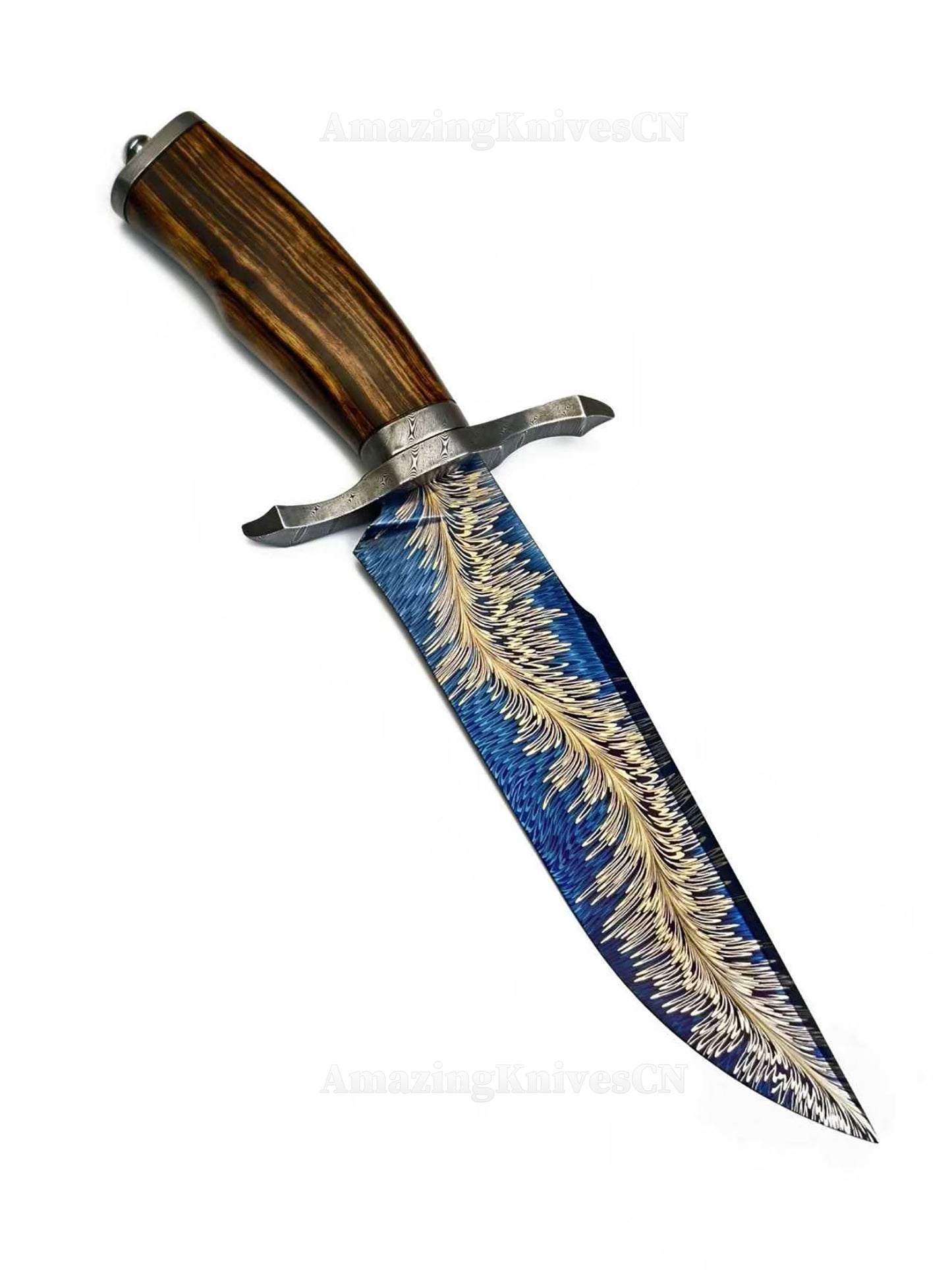 Top Tier Collectible Handforged Feather Damacus Steel Bowie Knife Desert Ironwood Handle with Leather Sheath - AK-HT1027