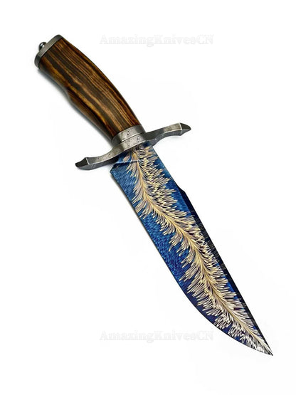Top Tier Collectible Handforged Feather Damacus Steel Bowie Knife Desert Ironwood Handle with Leather Sheath - AK-HT1027