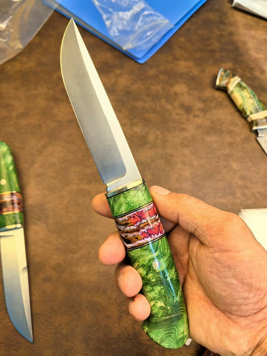 Wootz Steel Knife – Polished Blade, Mammoth Molar Fossil & Stabilized Green Maple Burl Handle - AK-HT1052