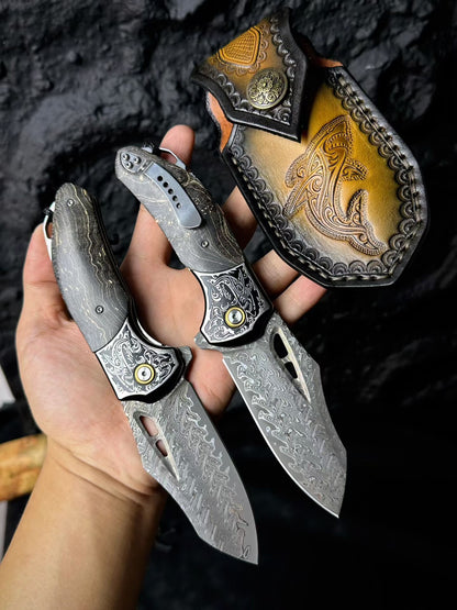 Hand-Forged 78-Layer Damascus Folding Knife – Stabilized Wood Handle - AK-HT0179