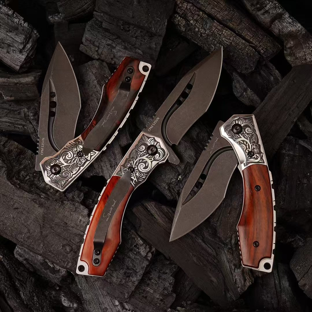 Handcrafted Folding Knife – CPM-S35VN Powder Steel, Rosewood Handle, Artisan Leather Sheath - AK-HT1037