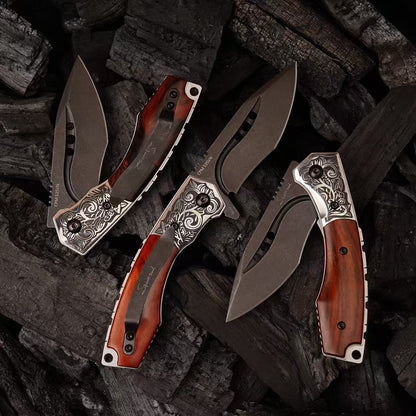 Handcrafted Folding Knife – CPM-S35VN Powder Steel, Rosewood Handle, Artisan Leather Sheath - AK-HT1037