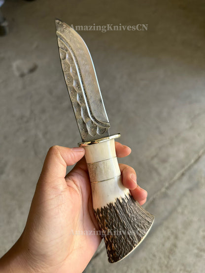Collectible Vg10 Damascus Hunting Knife Fixed Blade Horn Stag Handle Camping w/ Sheath - AK-HT0331