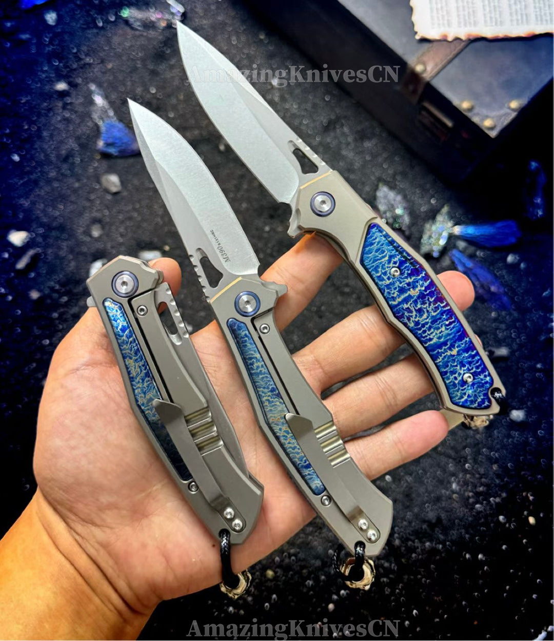 Premium M390 Folding Knife – TC4 Titanium Handle, Brushed & Stonewashed Blade, Ball Bearing System - AK-HT1038