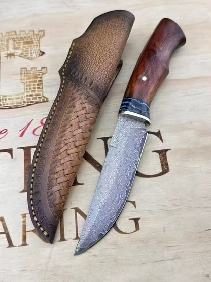 Premium Handmade Damascus Bowie Knife with Mammoth Molar Fossil & Rosewood Handle - AK-HT1049