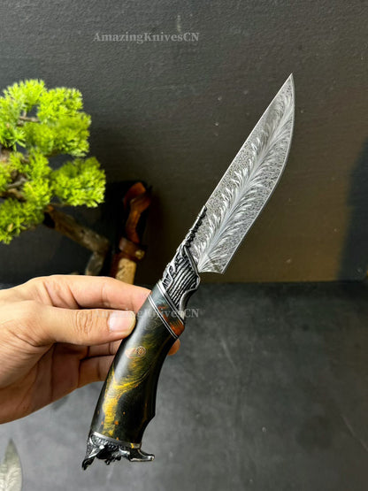 Collectible Feather Damascus Knife with Handmade Italian Snakeskin Leather Sheath - AK-HT1007