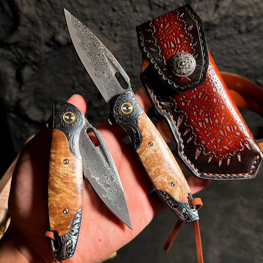 Premium Handmade Damascus Folding Knife with Rare White Burl Wood Handle - AK-HT1058
