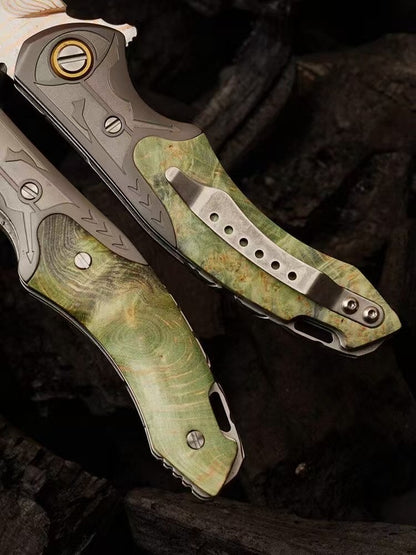 Artisan Folding Knife – Copper-Infused 67-Layer Damascus Steel, Stabilized Wood Handle - AK-HT1046