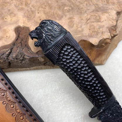 Vg10 Damascus Survival Hunting Knife Fixed Blade Ebony Black Carved Lion Head - AK-HT0614