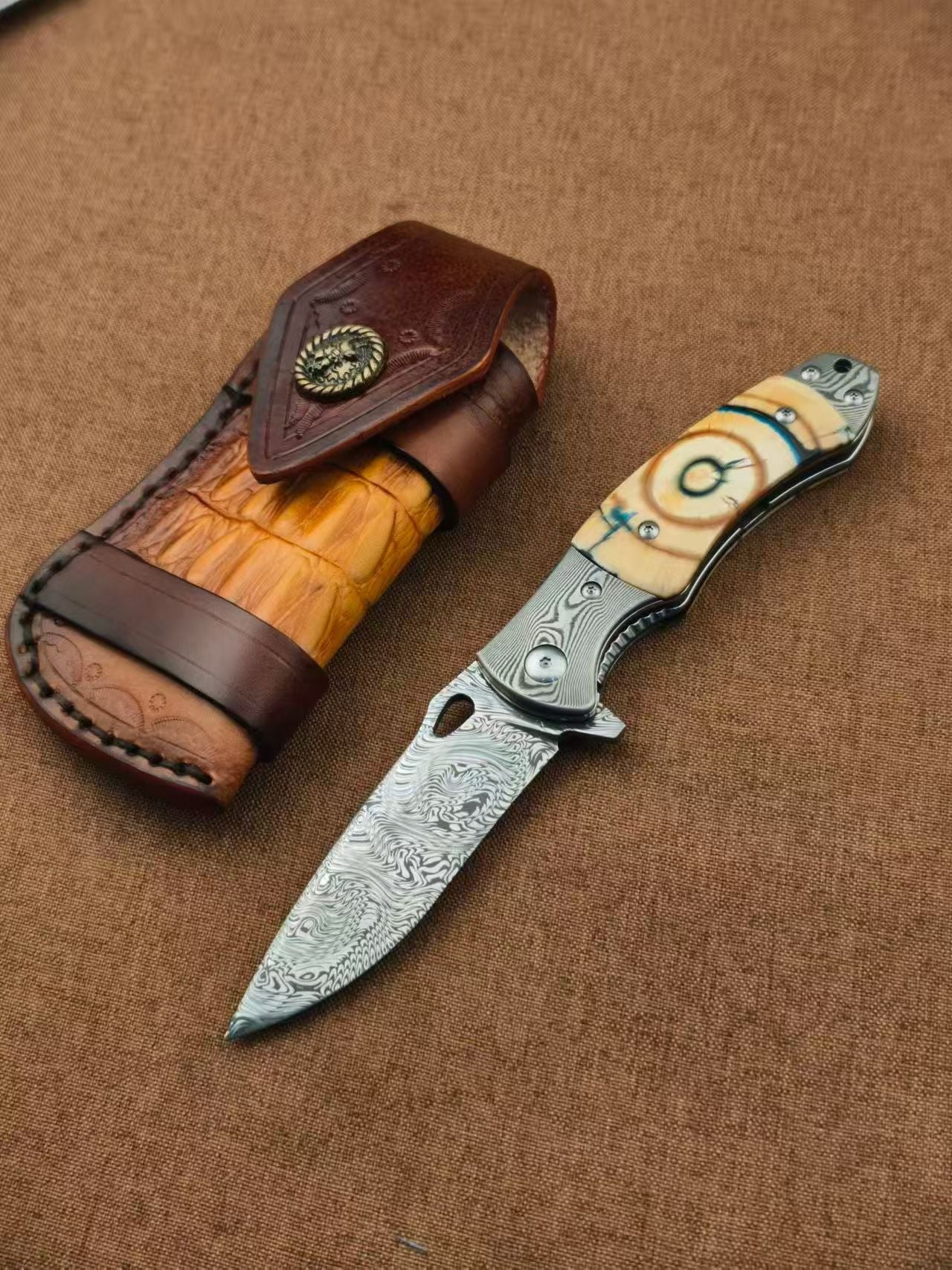 Handmade Powder Damascus Folding Knife – Mammoth Tooth Fossil Handle - AK-HT1069