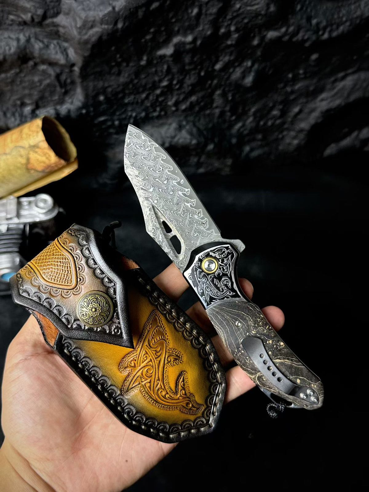 Hand-Forged 78-Layer Damascus Folding Knife – Stabilized Wood Handle - AK-HT0179