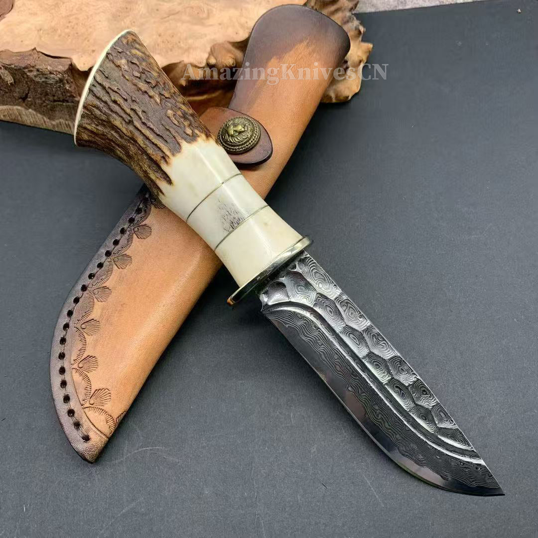Collectible Vg10 Damascus Hunting Knife Fixed Blade Horn Stag Handle Camping w/ Sheath - AK-HT0331