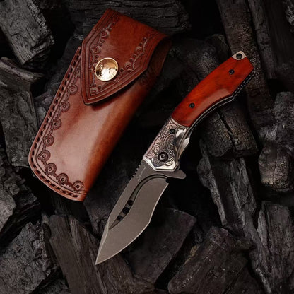 Handcrafted Folding Knife – CPM-S35VN Powder Steel, Rosewood Handle, Artisan Leather Sheath - AK-HT1037