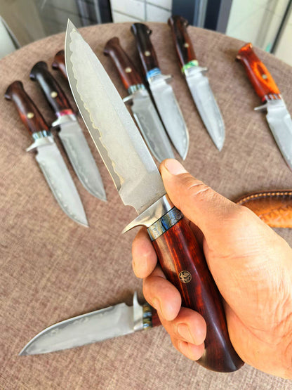Rare Handforged Damascus Steel Rosewood Straight Hunting Outdoor Knife with Sheath- AK-HT0652