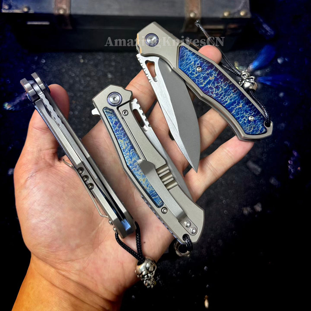 Premium M390 Folding Knife – TC4 Titanium Handle, Brushed & Stonewashed Blade, Ball Bearing System - AK-HT1038