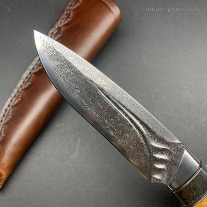 Handcrafted Damascus Vg10 Hunting Knife Survival Fixed Blade With Leather Sheath - AK-HT0935