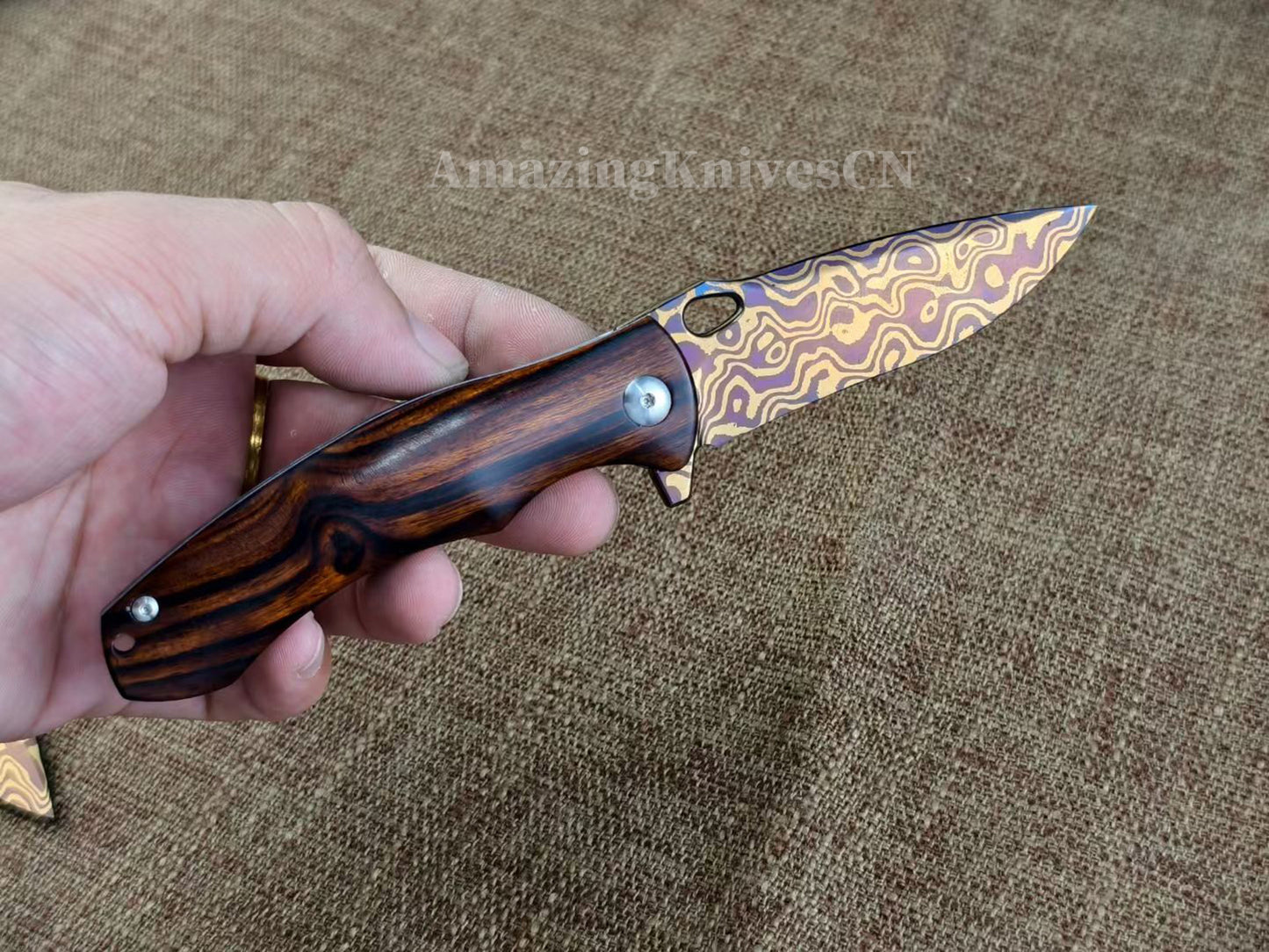 Collectible Nickel Damascus Folding Knife Pocket Knife with Leather Sheath - AK-HT1009
