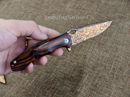 Collectible Nickel Damascus Folding Knife Pocket Knife with Leather Sheath - AK-HT1009