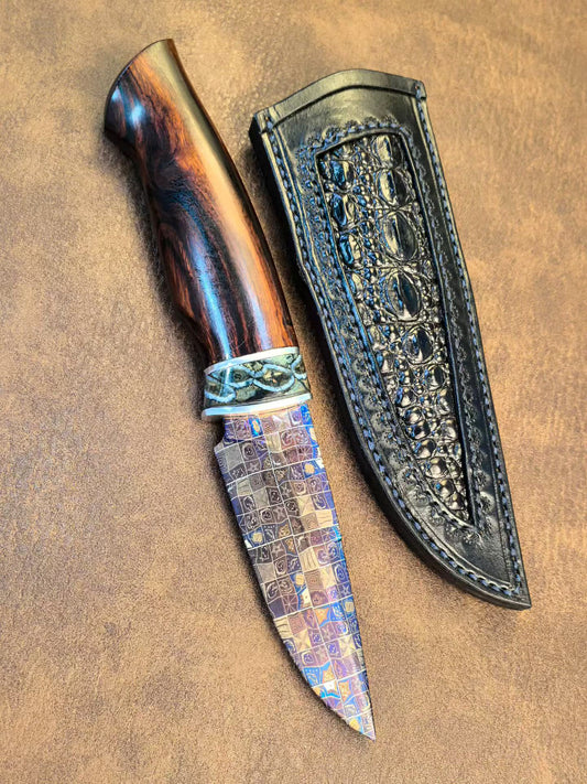 Blued Mosaic Damascus Fixed Blade Mammoth Molar Fossil & Desert Ironwood Edition - AK-HT1062