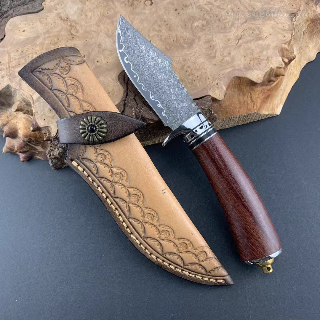 Vg10 Damascus Hunting Knife Fixed Blade Wood Handle w/ Sheath - AK-HT0920