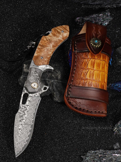 Handmade Japanese VG10 Damascus Pocket Knife Wood Handle Clip - AK-HT0940