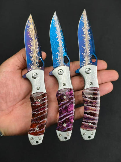 Feather Damascus Steel Folding Knife Mammoth Molar Fossil Handle - AK-HT1041