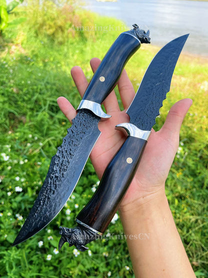 67-Layer VG10 Damascus Knife with Ebony Handle and Black Rhino Pommel - AK-HT1017