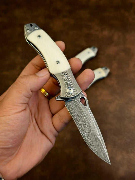 Handcrafted Feather Damascus Knife Desert Ironwood Bone Handle - AK-HT1061