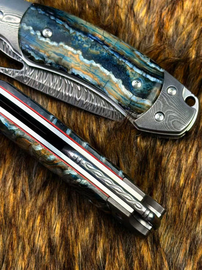 Hand Forged Feather Damascus Steel Folding Knife Mammoth Molar Fossil Handle - AK-HT1075