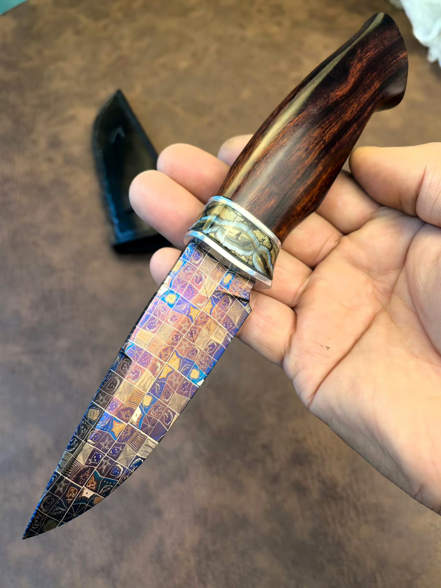 Blued Mosaic Damascus Fixed Blade Mammoth Molar Fossil & Desert Ironwood Edition - AK-HT1062