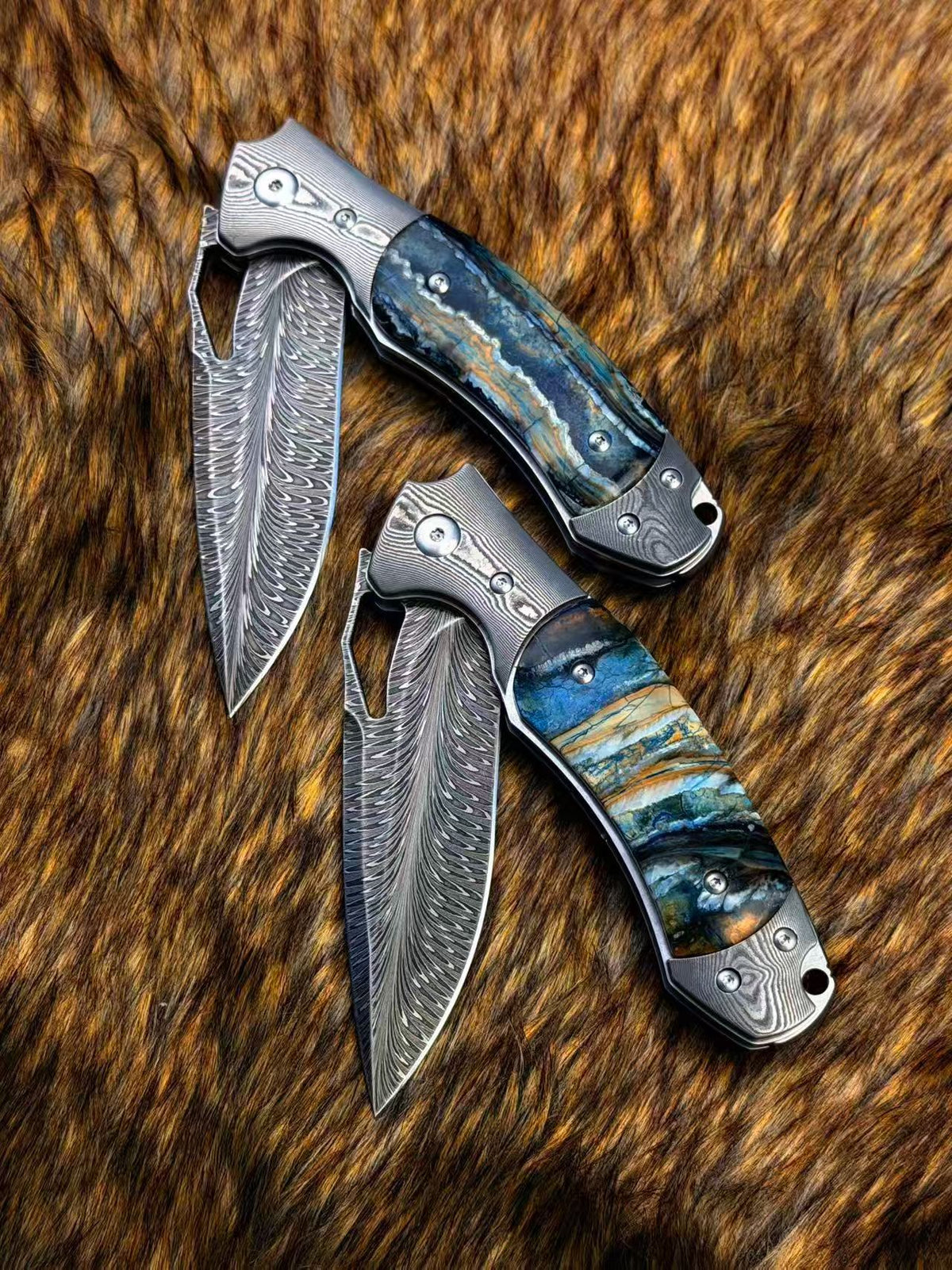 Hand Forged Feather Damascus Steel Folding Knife Mammoth Molar Fossil Handle - AK-HT1075
