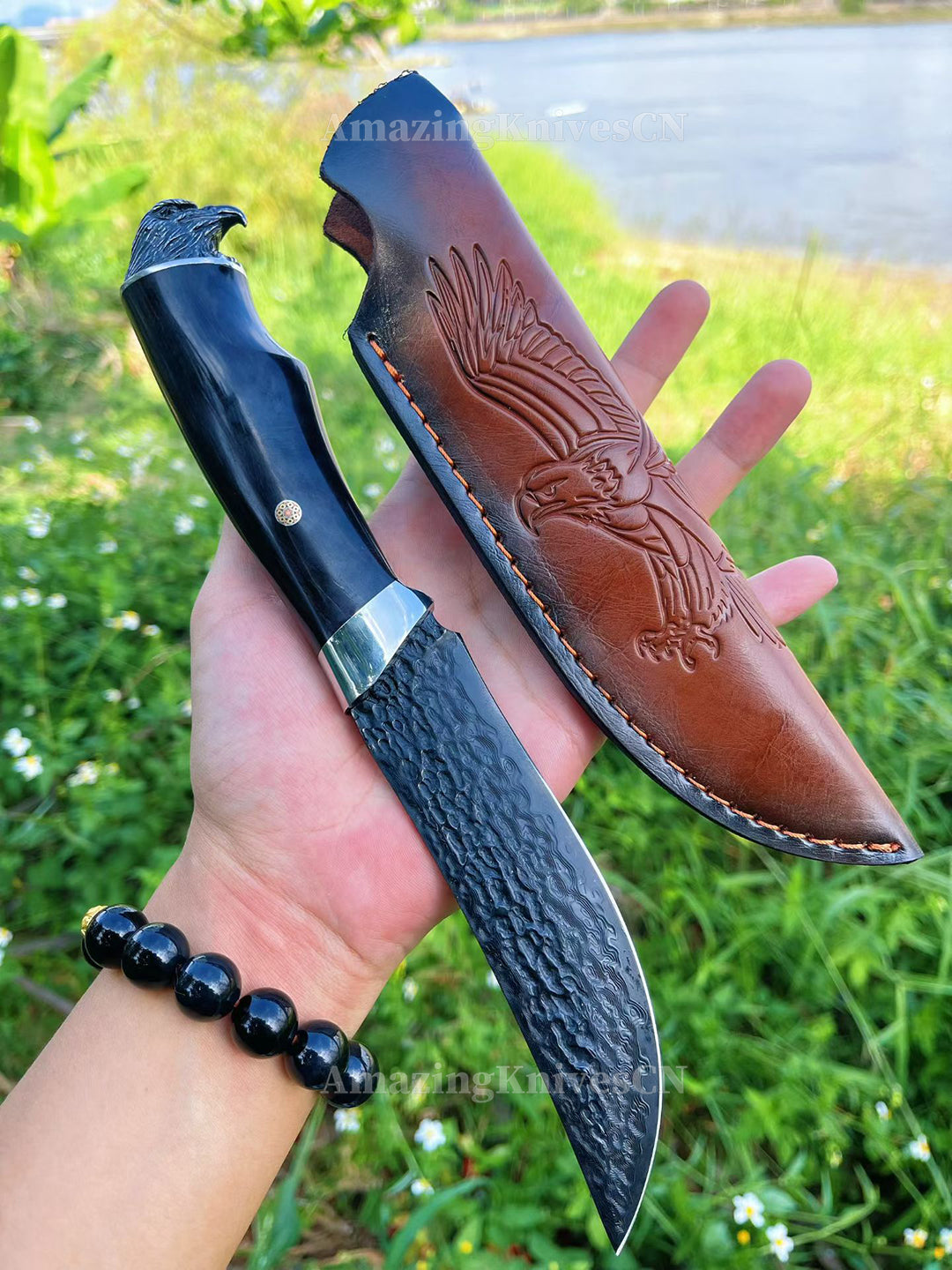 67-Layer Damascus Survival Knife with Ebony Handle and Eagle-Head Pommel - AK-HT1016