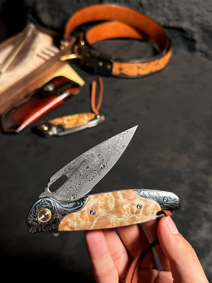 Premium Handmade Damascus Folding Knife with Rare White Burl Wood Handle - AK-HT1058