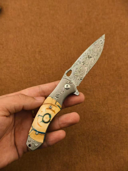 Handmade Powder Damascus Folding Knife – Mammoth Tooth Fossil Handle - AK-HT1069
