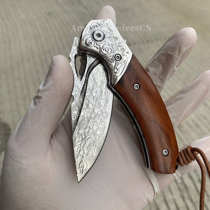 VG10 Damascus Steel Pocket Knife Desert Ironwood Handle Ball Bearing with Clip - AK-HT1012