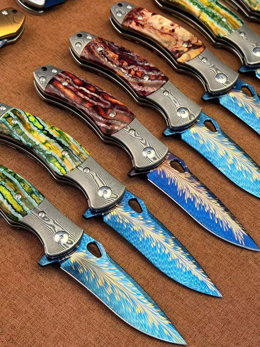 Feather Damascus Steel Folding Knife Mammoth Molar Fossil Handle - AK-HT1041 - R