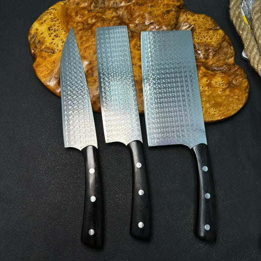 3-Piece Damascus Kitchen Knife Set – Chef Knife, Nakiri & Cleaver, Ebony Wood Handles - AK-DS1045
