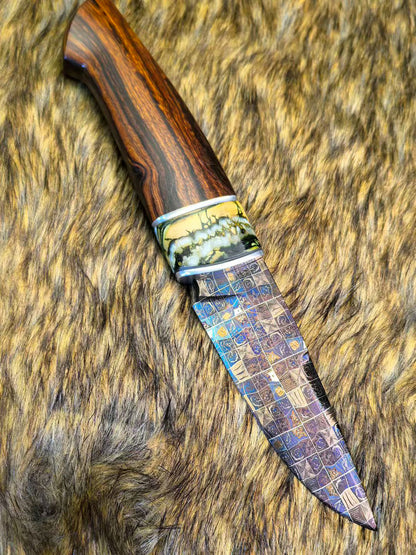 Blued Mosaic Damascus Fixed Blade Mammoth Molar Fossil & Desert Ironwood Edition - AK-HT1062